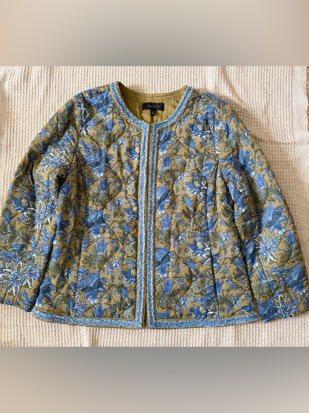 SOLD Talbots Quilted Floral Jacket Olive Green, Blue and White Floral Print